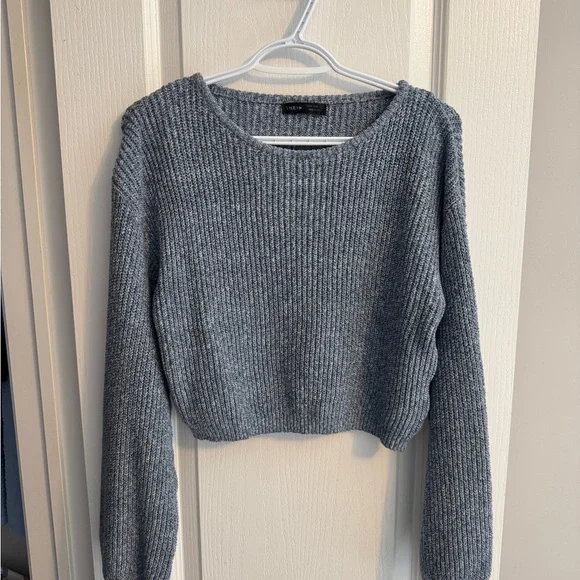 SHEIN Blue Gray Ribbed Cropped Crewneck Sweater - Picture 3 of 3